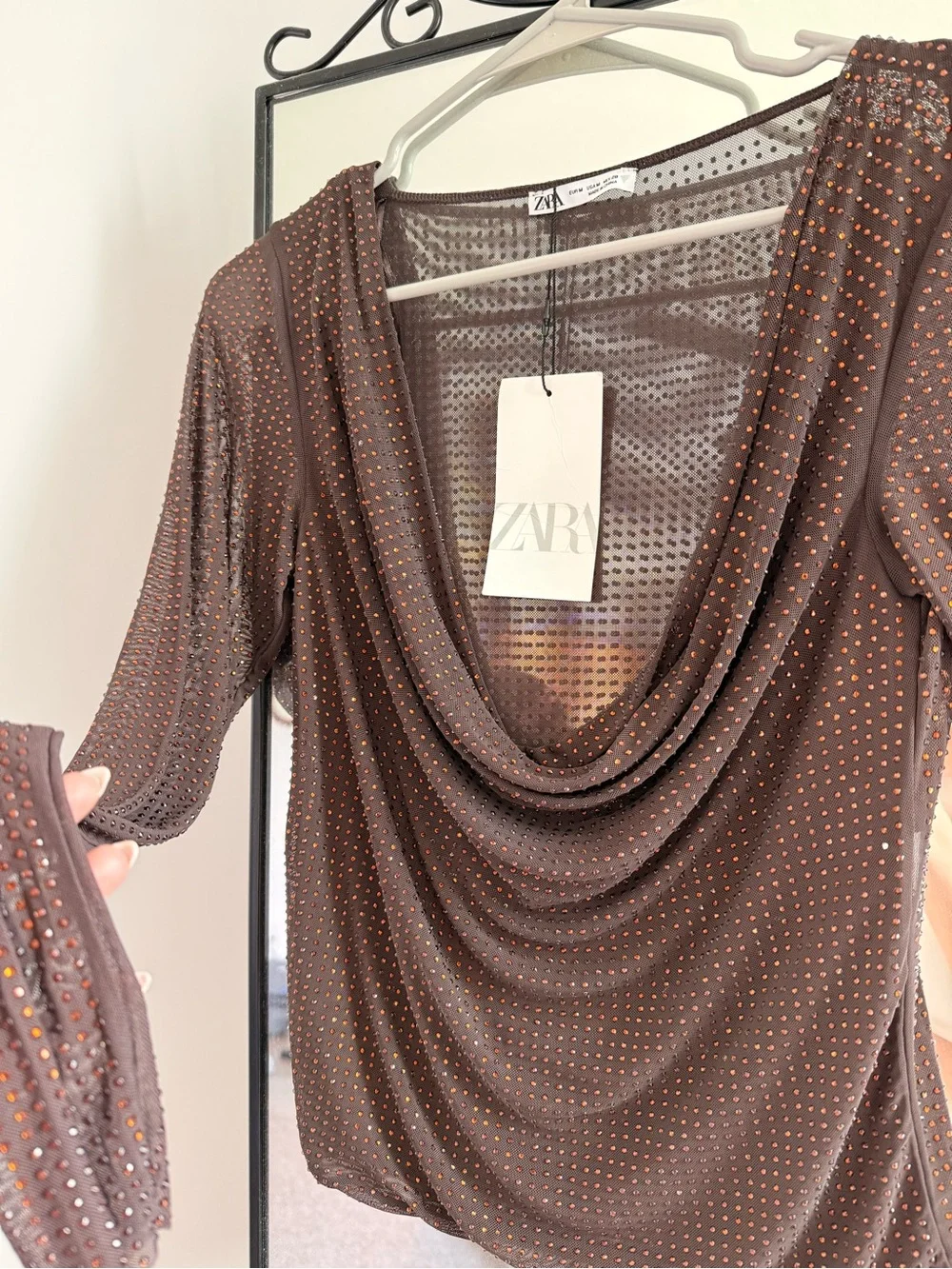 Long-Sleeve Sheer Dot-Embellished Drape Neck Top - Black